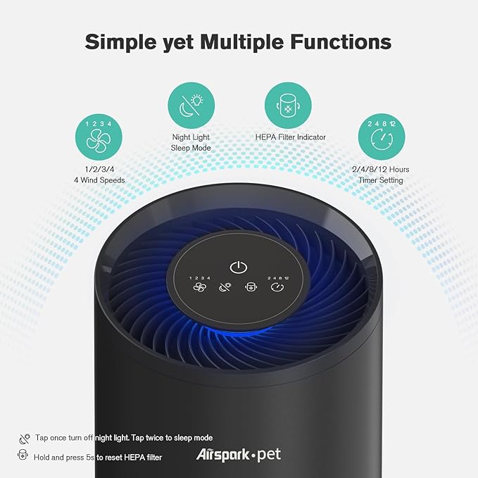 Pet Air Purifiers for Home Pets in Bedroom and Large room. Washable Pet Pre-Filter HEPA Air Purifier for Pet Hair Dander Odors, Filter 99.99% Smoke Dust Dander Pollen, Night Light Sleep Mode