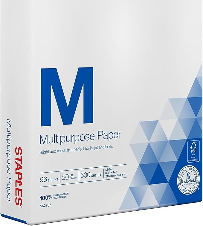 Staples Multipurpose Laser Inkjet Copy Paper, 8 1/2 Inch x 14 Legal Size, 20 lb., 96 Bright White, ColorLok, Ream, 500 Total Sheets (562787)