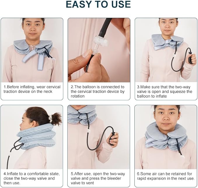 Cervical Traction Device, Adjustable Three Tube Inflatable Neck Stretcher, Neck Braces for Neck Support and Pain Relief, Neck Traction Device for Home/Office Use (grey)