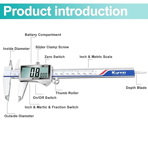 Kynup Digital Caliper, Caliper Measuring Tool with Large LCD Screen, Micrometer Caliper, Stainless Steel, Screen Splash Proof, Easy Switch from Inch Metric Fraction (6 Inch)