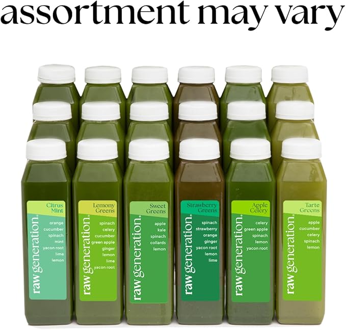 Raw Generation Deep Detox Cleanse – 3-Day Juice Cleanse with 60% Less Sugar for Weight Loss, Energy, Clearer Skin & Gut Health – 18 Chlorophyll-Packed Juices to Detox Your Body and Reset Your Diet (Assortment May Vary)