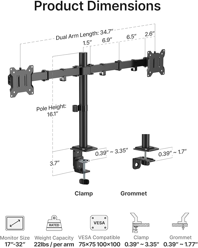 monTEK Stable Dual Monitor Stand for 17"–32” Computer Screens, Heavy-Duty Desk Mount with 22 lbs per Arm, Fully Adjustable Brackets and Arms, Clamp/Grommet Base, VESA 100×100mm Max