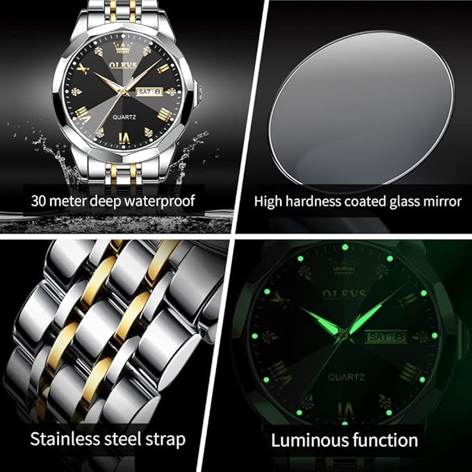 OLEVS Watches for Men Diamond Business Dress Analog Quartz Stainless Steel Date Luxury Casual Fashion Wrist Watch Waterproof Luminous