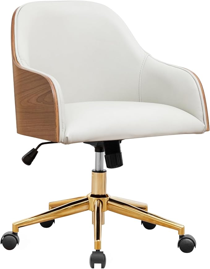 Genuine Leather Office Desk Chair, Adjustable Height Small Modern Comfortable Walnut Vanity Chair, Gold Legs Mid Back 360 Swivel for Home Office, Bedroom, Study, Meeting Room(Beige)