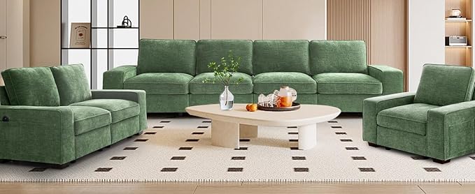 TEKAMON 128" Modular Sofa Couch with Seat Storage, Chenille Sofa,Modern Comfy 4-Seater Couch for Living Room, Office, Apart W/Deep Seat, Wide Armrest, USB, Pockets, Removable Covers (Green)