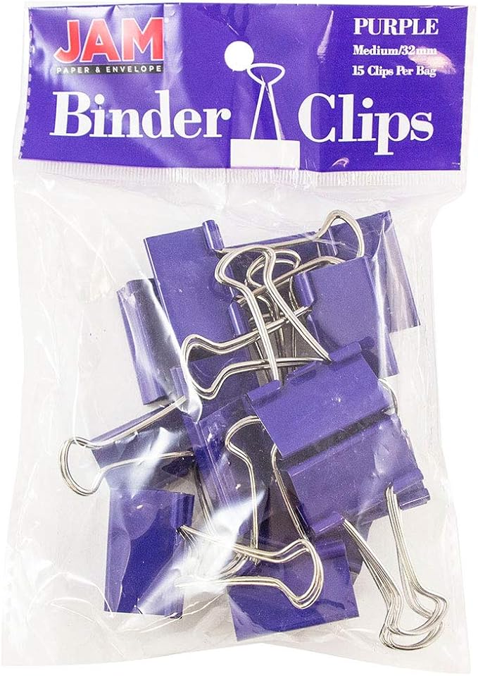 JAM PAPER Colorful Binder Clips - Medium - 1 1/4 Inch (32 mm) - Purple Binderclips - 15/Pack