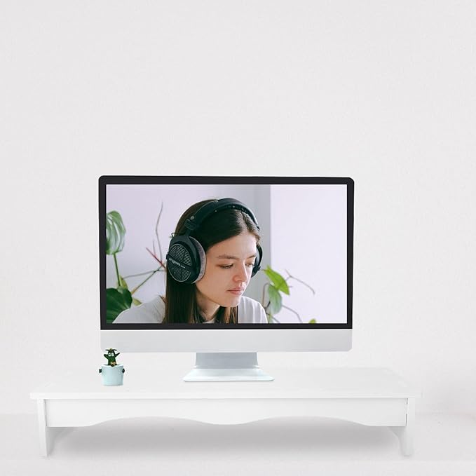 Computer Monitor Stand White Desktop Base Bracket Elevated Height Holder with Keyboard Storage for Office Desk Ergonomic Neck Relief and Sturdy Support
