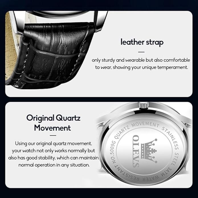 OLEVS Mens Watches Vintage Leather Band Dress Classic Easy Reader Arabic Numerals Analog Quartz Waterproof Date and Day Blue/Black/White Large Face Men's Wrist Watches
