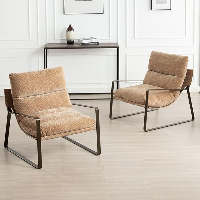 LukeAlon Modern Chenille Accent Armchair, Upholstered Lounge Chair with Brass Metal Frame Thickened Cushion Single Sofa Chair Comfy Leisure Side Chair with Armrest for Bedroom Living Room, Khaki