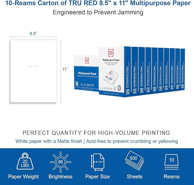 Staples TRU RED Printer Paper, 8.5" x 11" -inch, 20 lbs., 96 Brightness Rating. Matte White Paper Finish (500 Sheets/Ream, 10 Reams/Carton)