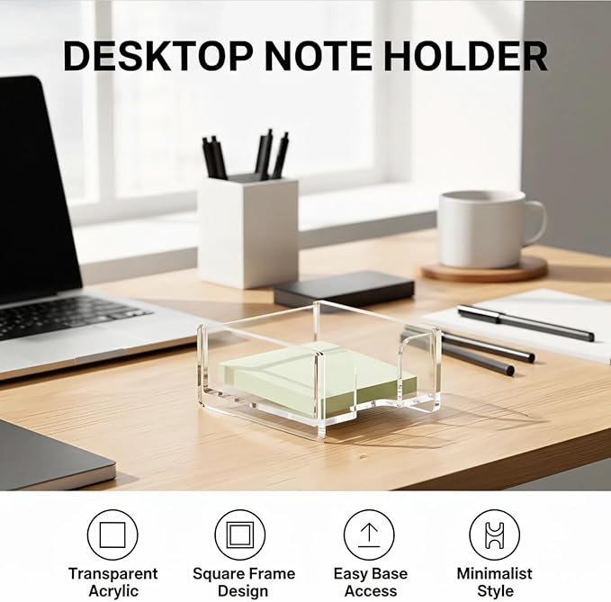 YUXUN Clear Acrylic Sticky Note Holder, 3x3 Inch Note Dispenser for Desk - Self Stick Memo Pad Holder Organizer for Office, School, Home Supplies