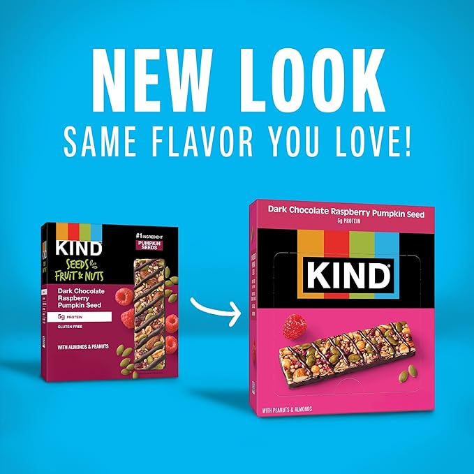 KIND Seeds Fruit & Nuts Snack Bar, Dark Chocolate Raspberry Pumpkin Seed | 5g Protein, High Fiber, Gluten Free Bars, 1.4 OZ, 12 Count