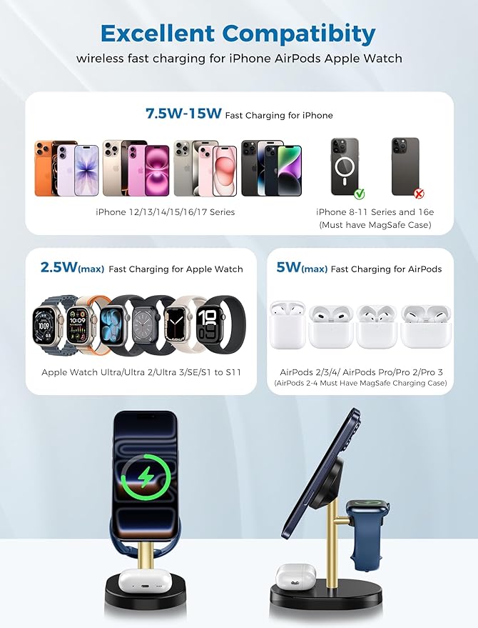 2026 3 in 1 Wireless Charging Station for Apple MagSafe Charger, 15W Fast Magnetic Mag-Safe Charger Stand for iPhone 17 16 15 14 13 12 Apple Watch AirPods Series, Gold&Black