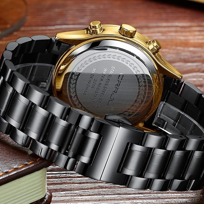 CRRJU Men's Fashion Stainless Steel Watches Date Waterproof Chronograph Wristwatches,Black Steel Band Waterproof Quartz Watch for Men