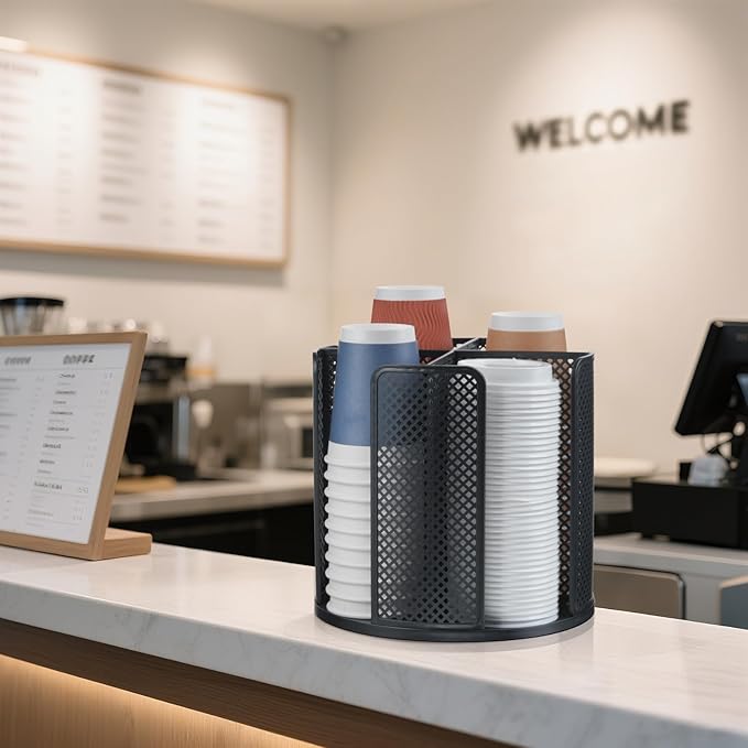 Cup and Lid Organizer, 360° Rotatable Coffee Cup Holder for Disposable Plastic and Paper Cups of 5 to 16 oz, 4 Compartments Detachable Countertop Cup Dispenser Coffee Station, Black