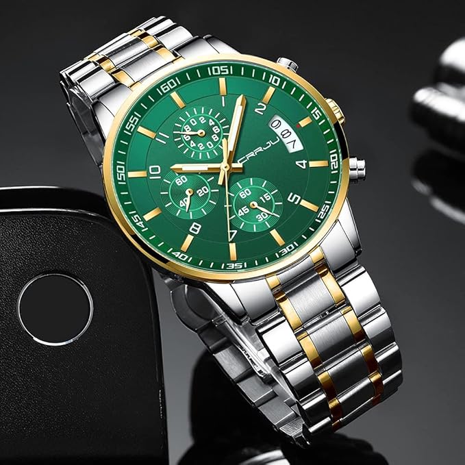 CRRJU Men's Fashion Stainless Steel Watches Date Waterproof Chronograph Wristwatches,Black Steel Band Waterproof Quartz Watch for Men