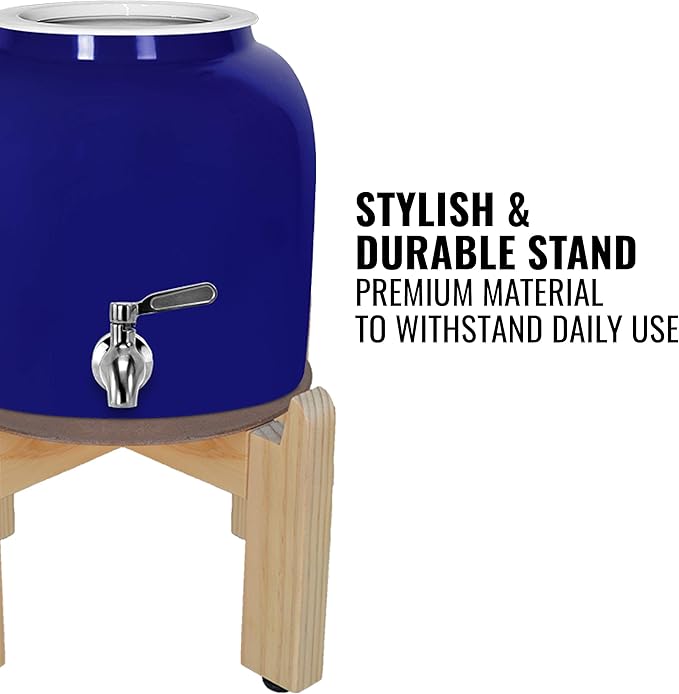 Geo Sports Porcelain Ceramic Crock Water Dispenser, 8 Inch Wood Stand, Stainless Steel Faucet, Valve Included. Fits 3 to 5 Gallon Jugs. (Blue)
