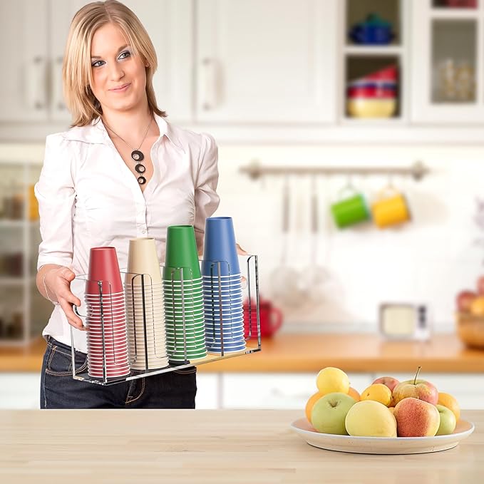 WINFFOR Disposable Cup Organizer Dispenser - 4 Compartments Clear Acrylic Cup and Lid Holder with Handles Plastic Cup Dispenser Countertop Paper Cup Holder for Coffee Bar House Party Essentials