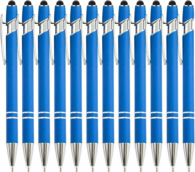 PASISIBICK 12 Pieces Blue Ballpoint Pen with Stylus Tip, 2 in 1 Stylus Stylish Pen, Blue Metal Stylus Pen for Touch Screens, Black Ink, 1.0 mm Medium Point(12 PCS Light Blue)