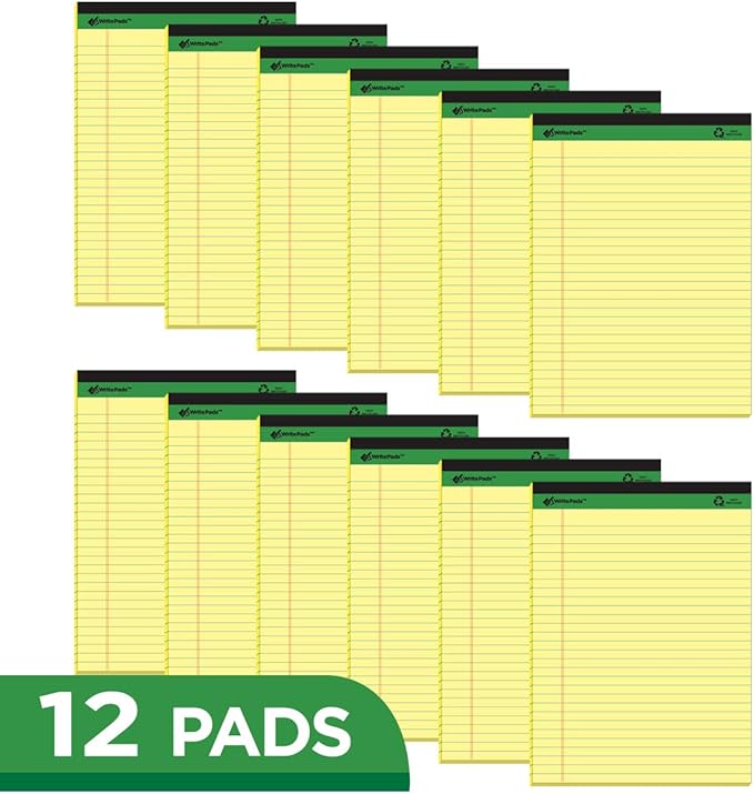 KAISA Yellow Legal Pads 12pads Writing Pads Recycled Paper 8.5"x11.75" Wide Ruled Perforated 50 sheets Hard Back Notepads 8-1/2"x 11-3/4" Writing Tablet Canary For Office Supplies (Pack of 12pc) KSU-5668