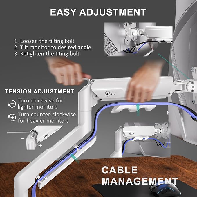 WALI Single Monitor Arm with Desk Mount for 17–49 Inch Screens – Holds Up to 33 lbs, Fully Adjustable VESA Monitor Stand, Heavy Duty Gas Spring for Gaming & Home Office (GSM001XLNW),White