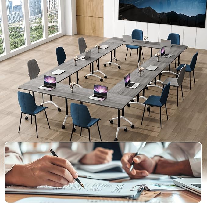 Folding Conference Table, Conference Room Tables Foldable Large Meeting Seminar Table on Wheels,Flip Top Boardroom Training Tables for Office, Classroom,Meeting (10, Grey, 47.2in)