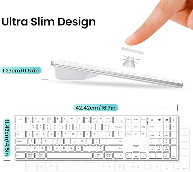 TIETI 2.4G Wireless Bluetooth Keyboard Rechargeable, Stainless Steel Ultra Slim Full Size Keyboard with Numeric Keypad Low Profile Silent Cordless Keyboards for Computer/Mac/Windows