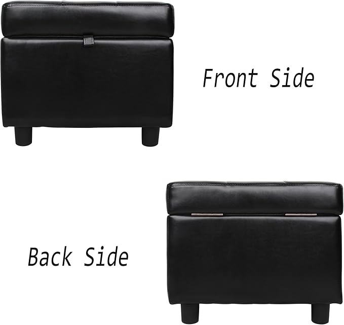 H&B Luxuries Tufted Leather Square Flip Top Storage Ottoman Cube Foot Rest (Black)