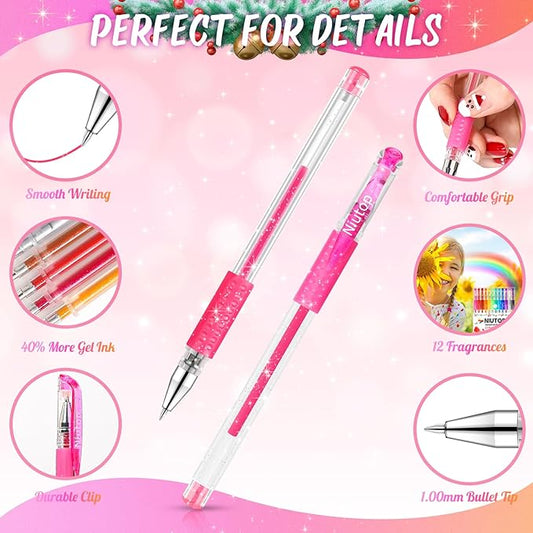 Stocking Stuffers for Kids Teens Girls Boys, 12-Color Scented Glitter Gel Pens, Coloring Markers Colored Pen Set, Cute Glitter Pens Journaling Supplies Fun Stationary, Halloween Christmas Gifts