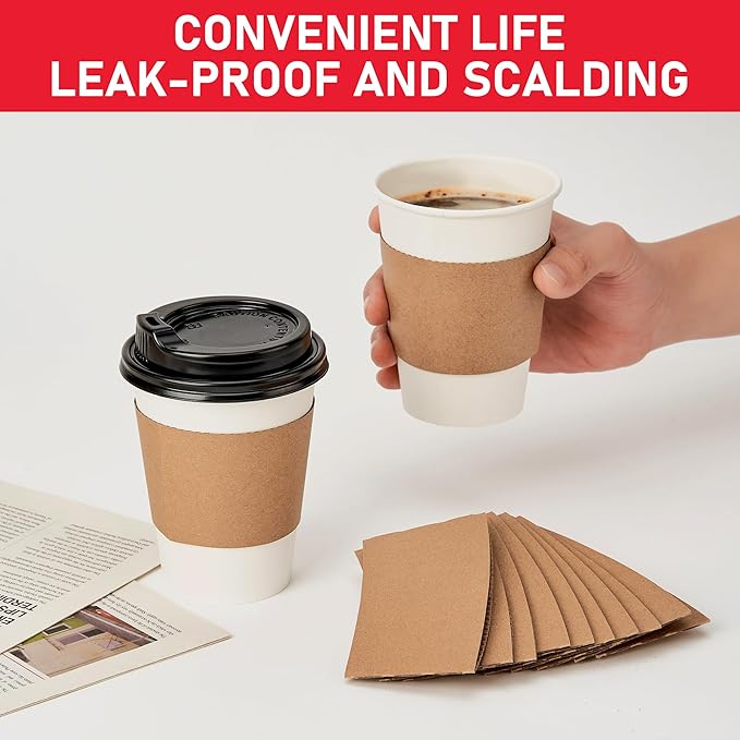 12 oz 100 Pack Coffee Cups with Lids and Sleeves, Hot Paper Coffee Cups with Lids, Disposable To Go Cups with Lid for Coffee, Tea, Hot Chocolate, Ideal for Cafes, Offices and Travel