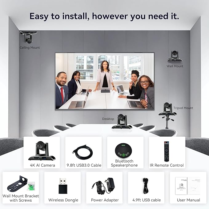 TONGVEO 4K Conference Room Camera System, AI Auto-Tracking PTZ Camera 5X Digital Zoom with Speakerphone Set 120° Wide-Angle USB3.0 for Zoom YouTube Teams OBS and More