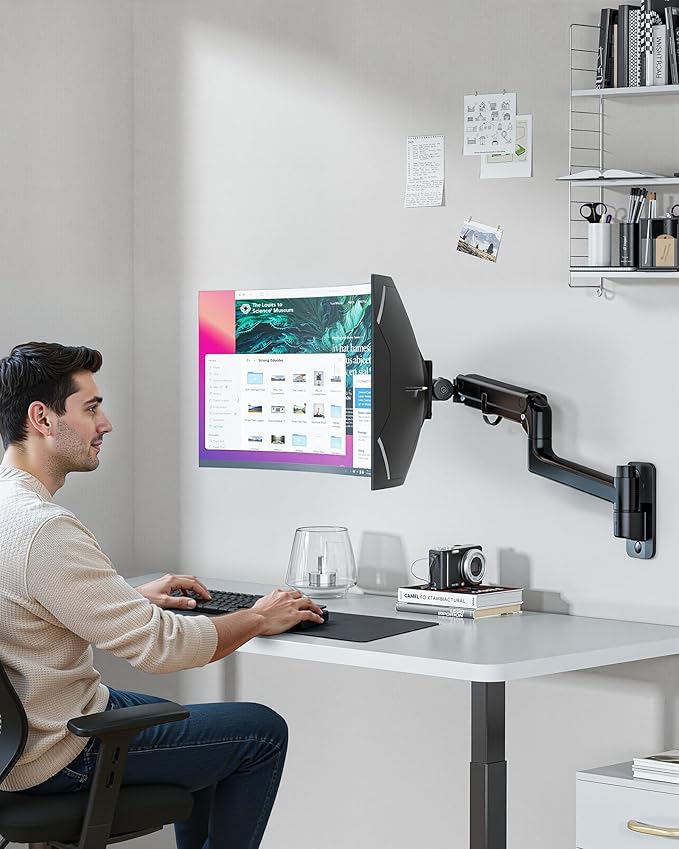 monTEK 17-49 inch Single Monitor Wall Mount for up to 44 lbs Ultrawide Screen, Premium Aluminum Heavy Duty Monitor Arm with Adjustable Gas Spring Arm, 75x75/100x100 VESA Mount, Black