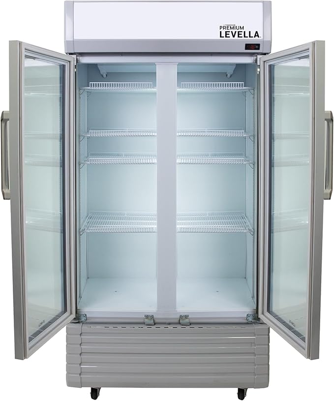 PremiumLevella PRN2110DX Glass Door Display Refrigerator 21.1 cu ft Commercial Beverage Cooler Merchandiser With Customizable Lightbox - Silver