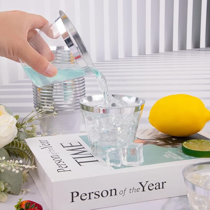 WELLIFE 200pcs Silver Cups, 9OZ Clear Plastic Cups,Plastic Wine Glasses Disposable,Cocktail Glasses for Party and Weddings