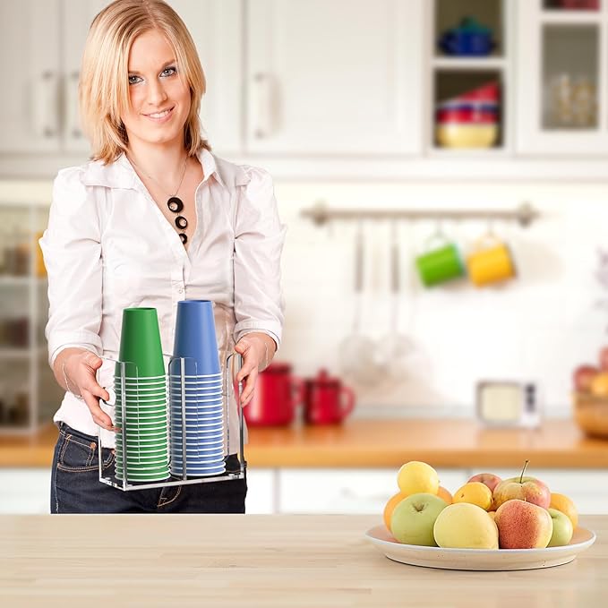 WINFFOR Disposable Cup Organizer Dispenser - 2 Compartments Clear Acrylic Cup and Lid Holder with Handles Plastic Cup Dispenser Countertop Paper Cup Holder for Coffee Bar House Party Essentials