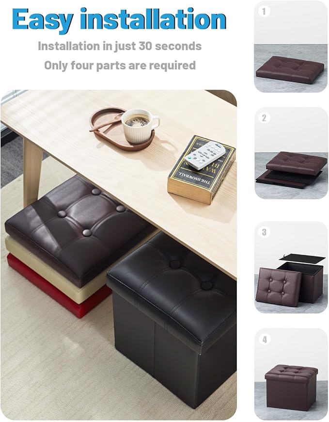 AmasSmile Storage Ottoman Folding Foot Rest Stool, Leather Footstool Bench, Short Ottoman Stool, Storage Foot Rest Store, Books (Brown-2pc, 17" D x 13" W x 13" H)