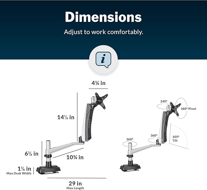 Vari Single Monitor Arm - VESA Monitor Mount w/ 360 Degree Adjustment - Monitor up to 27 inches, 19.8 lbs - Single Monitor Mount with Full Adjustability - Computer Monitor Stand for Home or Office