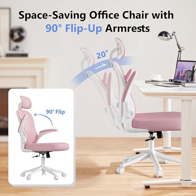 Computer Desk Chair, Ergonomic Office Chair M903 with Wheels, High Back Mesh Office Chair with Adjustable Lumbar Support, Headrest, Flip-Up Armrests, Pink