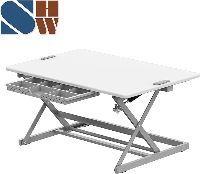 SHW 32-Inch Height Adjustable Standing Desk Converter Riser Workstation with Drawer, White