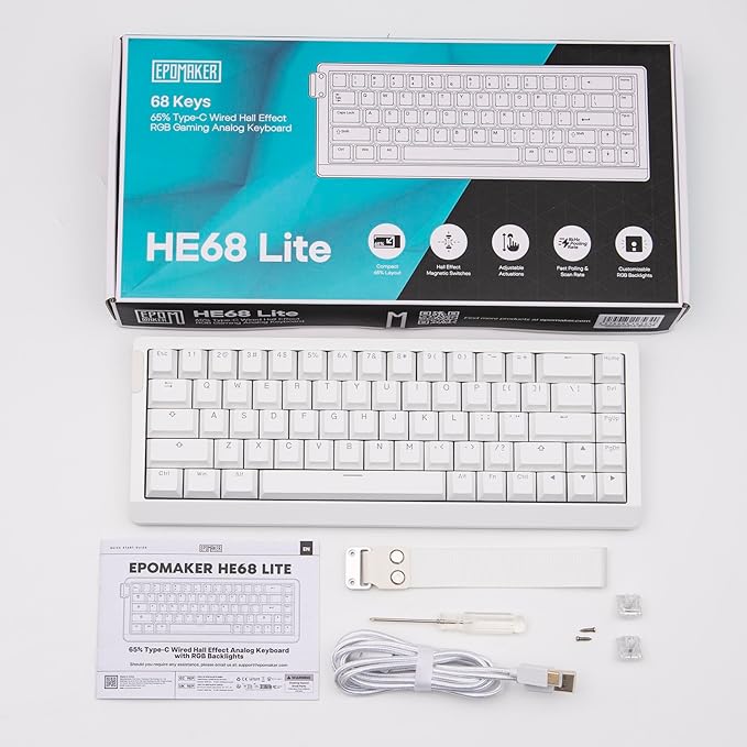 EPOMAKER HE68 Lite Hall Effect Gaming Keyboard, 8k Polling & 128K Scan Rate, 0.01mm Adjustable Trigger, 0.125ms Latency, 5-Layer Sound-Dampened, Snap Key, SOCD, A-RGB, Wired, Mac Software (White)
