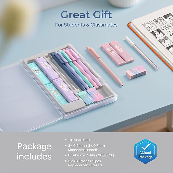 Nicpro 6PCS Pastel Mechanical Pencil Set with Case, Cute Drafting Pencils 0.5mm & 0.7mm with 6 Tubes HB Lead Refills, Erasers, Eraser Refills, Aesthetic School Supplies for Girls Drawing Sketching