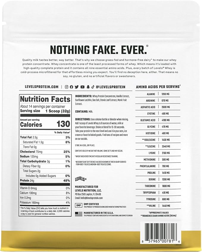 Levels Grass Fed Whey Protein Powder, No Artificials, 24G of Protein, Vanilla Bean, 1LB
