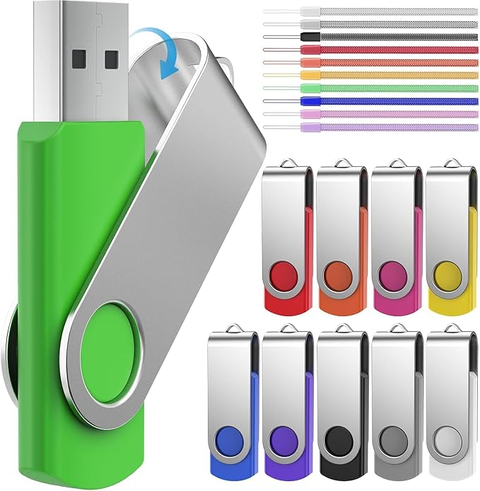 FEBNISCTE Memory Stick 1GB USB Flash Drive Bulk 10 Pack - Bulk 1 GB USB 2.0 Stick Pendrive Multi-Coloured Thumb Drive - Swivel USB-Key Value Data Storage Jump Drive with 10pcs Ropes