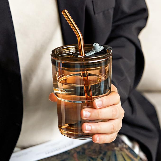 13 oz Tumbler Water Glass, Water Bottle with Straw and Dustproof Lid, Coffee Ice Cup Double Wall Insulated Glass Cup (Amber-4pack)