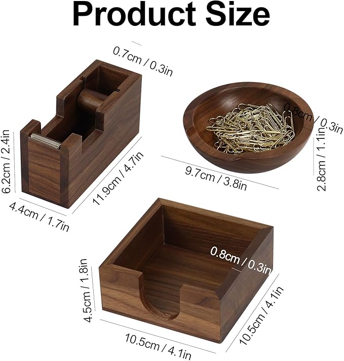 MultiBey 3pcs Walnut Office Supplies Desk Organizers, Wooden Sticky Notes Pad Holder Post it Dispenser, Paper Clips Holder and Tape Dispenser Cutter for Office Home School