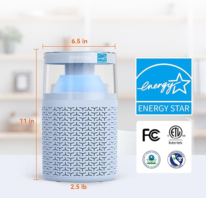 AIRROMI Air Purifiers for Bedroom Home,Up to 658 Ftยฒ,Activated Carbon Filter Cleaner,With Fragrance Sponge for Better Sleep,Night Light,Pet Dander,Allergies,Smoke,Odor,Desktop Air Cleaner A2002 Blue