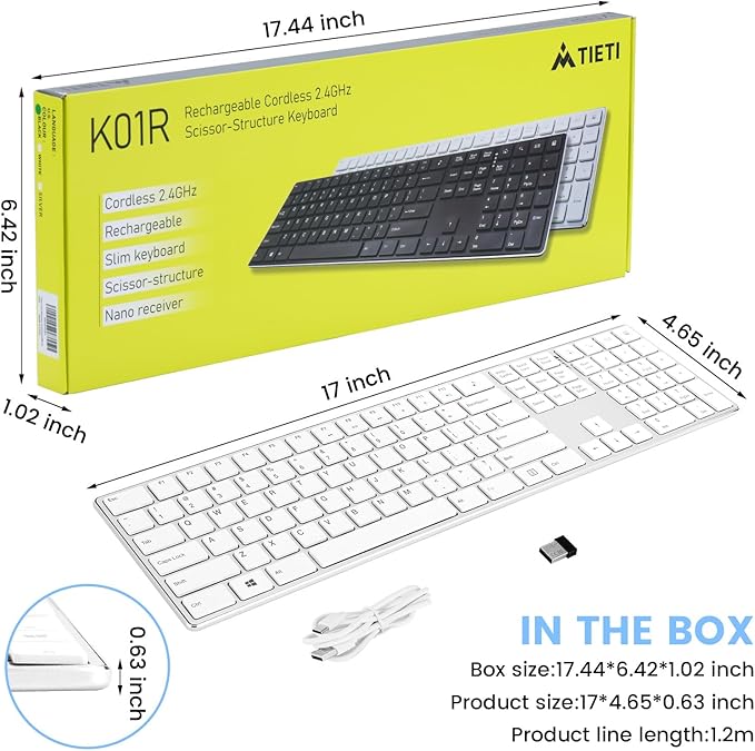 TIETI K01R Wireless Keyboard, 2.4G Slim and Compact Wireless Keyboard with Numeric Keypad, Long Battery Life, Lag-Free for PC Laptop Computer Windows, Silver