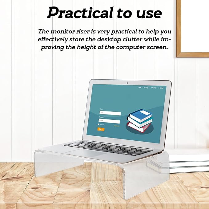 Acrylic Monitor Riser Stand for Computer Laptop Ergonomic Display Stand to Elevate Screen Height Compact Transparent Desk Organizer for Eye Comfort and Posture Improvement