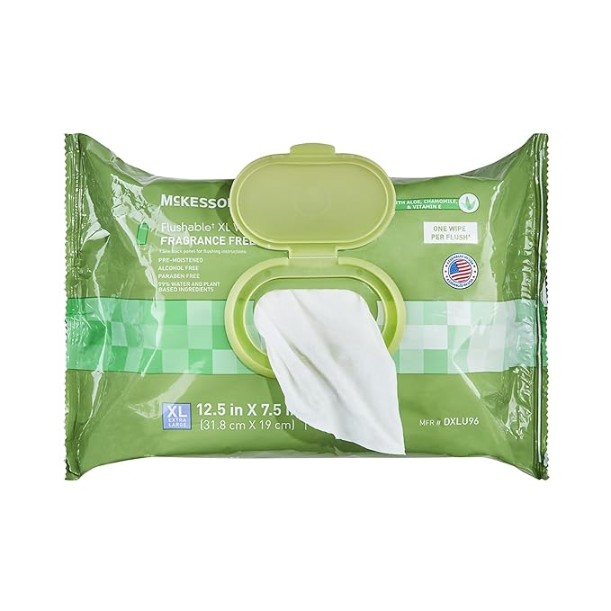 McKesson Flushable* Adult Wet Wipes XL – 576 Wipes (6 Pack of 96) – Aloe & Vitamin E, Plant-Based Cleansing Wipes, Unscented, Extra Large