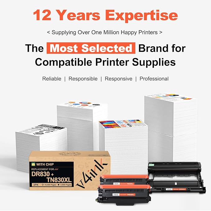 v4ink 3pk Compatible TN830XL DR830 Replacement for Brother TN830 TN830XL Toner Cartridge DR830 Drum Combo Set for Brother DCP-L2640DW HL-L2400D HL-L2405W HL-L2460DW HL-L2480DW MFC-L2820DW Printer